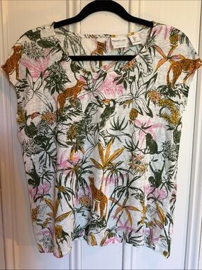 RACHEL Zoe Tropical Animal Print Tee — Green, Mustard & Pink